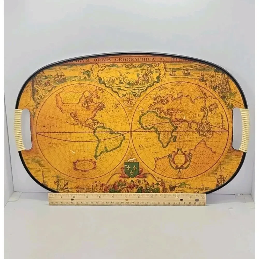 Vintage Old World Map Globe Serving Tray Made in Japan Oval Bar Serving Tray